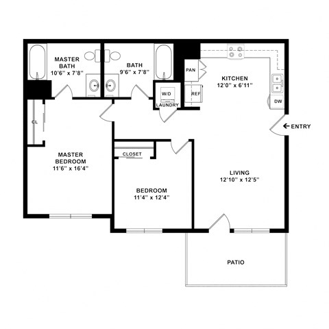 A floor plan of a house with a master bedroom, a bath, a kitchen, a living room, and a patio.